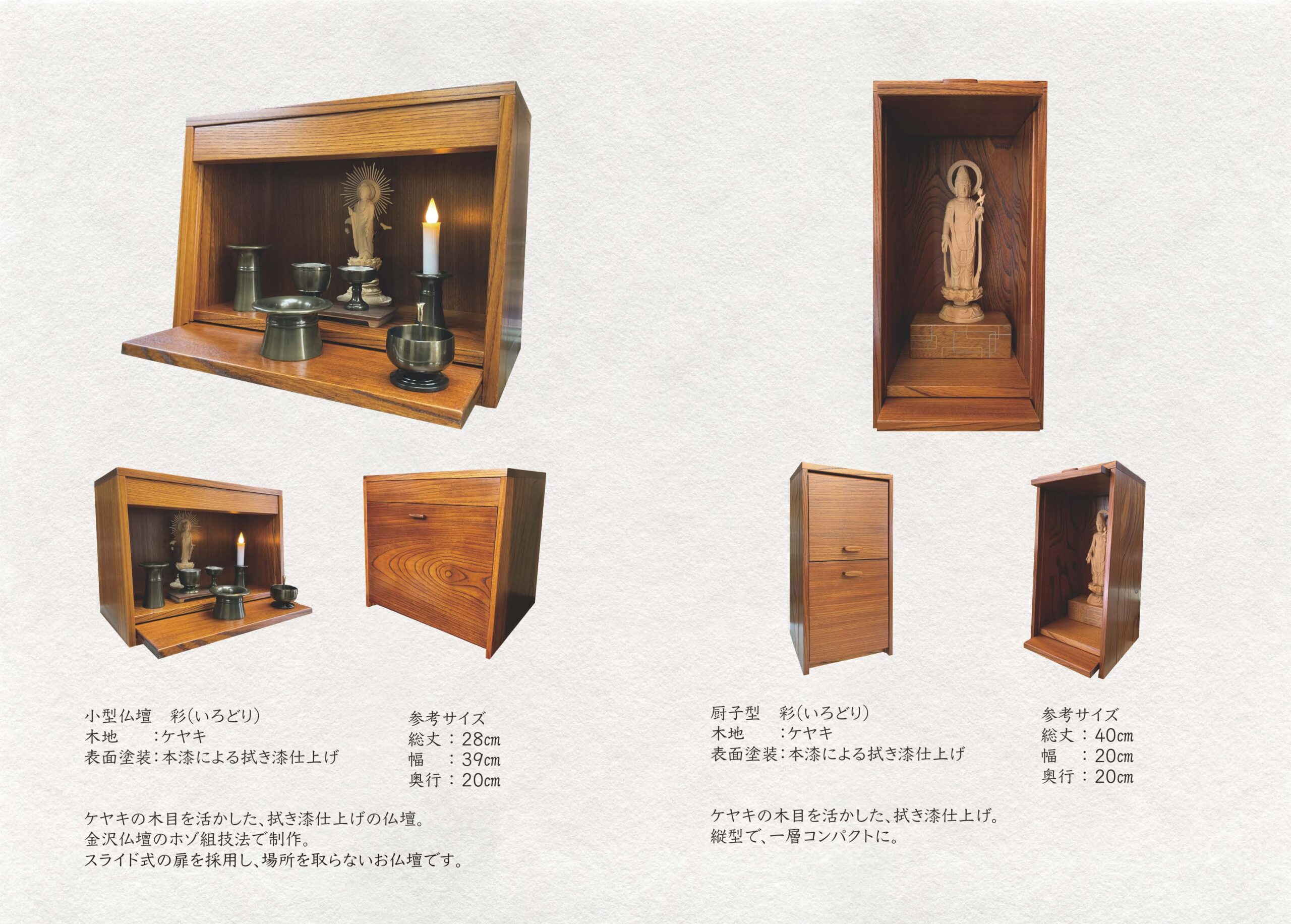 彩仏壇と彩厨子のサイズと使用の説明。カタログから抜粋。
